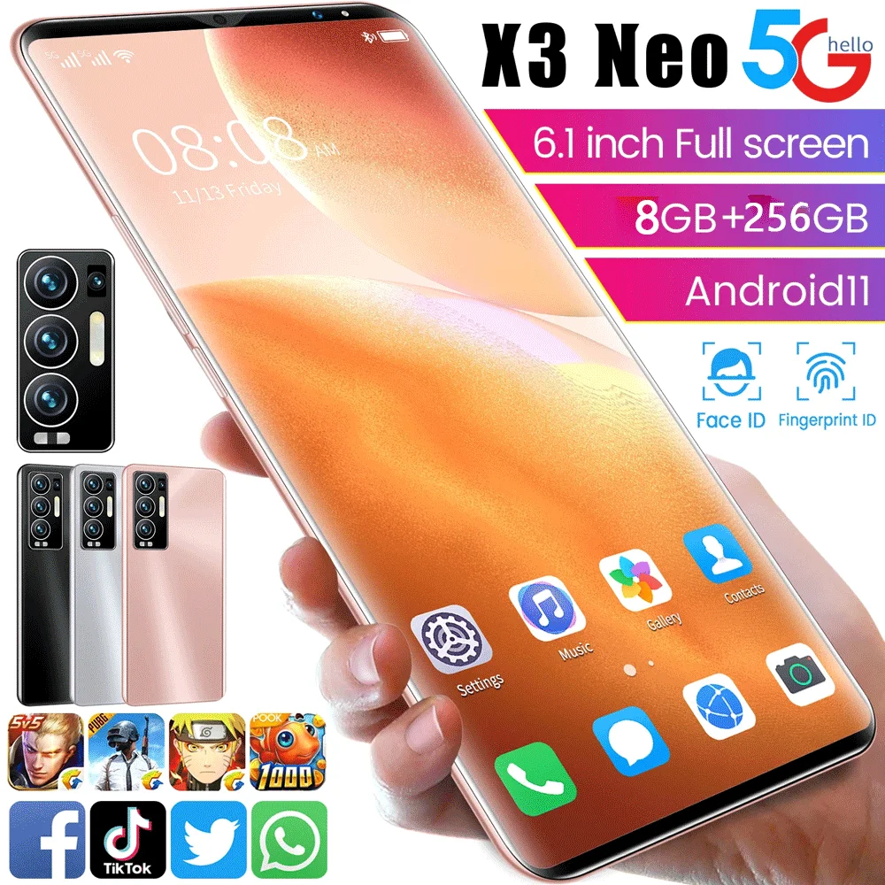

Cost-effective Smartphone X3 NEO 6.1Inch 8+256GB Dual SIM Mobile Phone 6000mAh 32+64MP HD Camera 4G 5G Cellphone Global Version