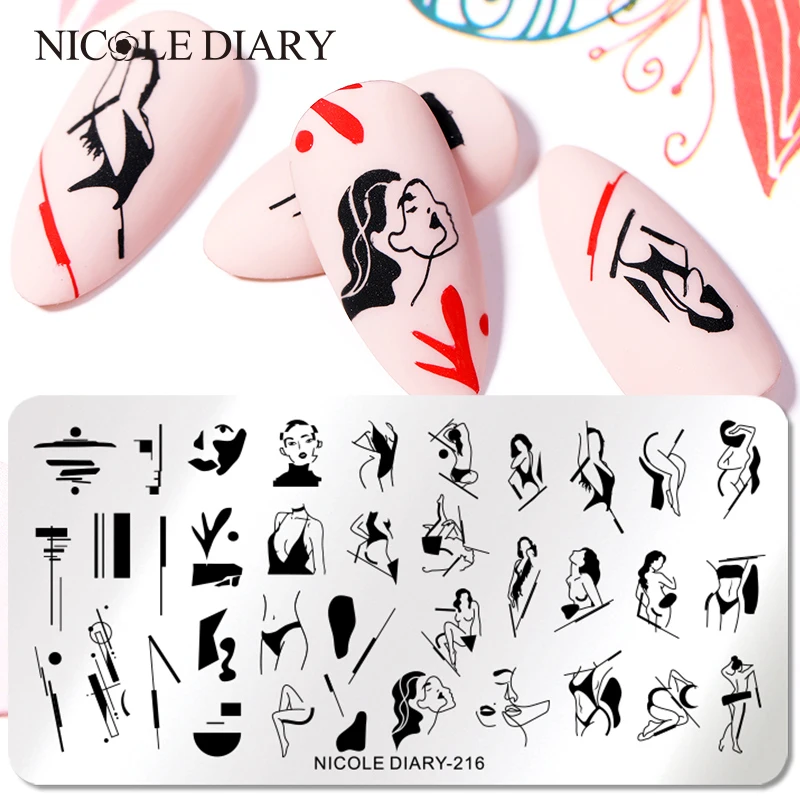 

Трафарет NICOLE DIARY для сексуальных девушек, пластины для штамповки ногтей, с изображением сердца, с изображением листьев, цветов