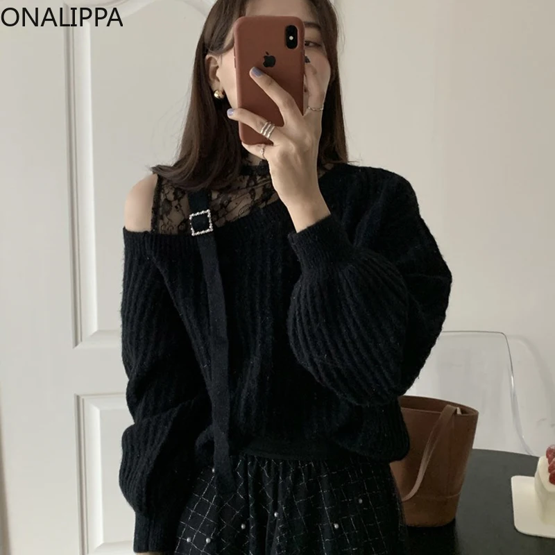 

Женский трикотажный пуловер Onalippa, элегантный темпераментный свитер с открытыми плечами и высоким воротником, вязаный крючком свитер с длин...