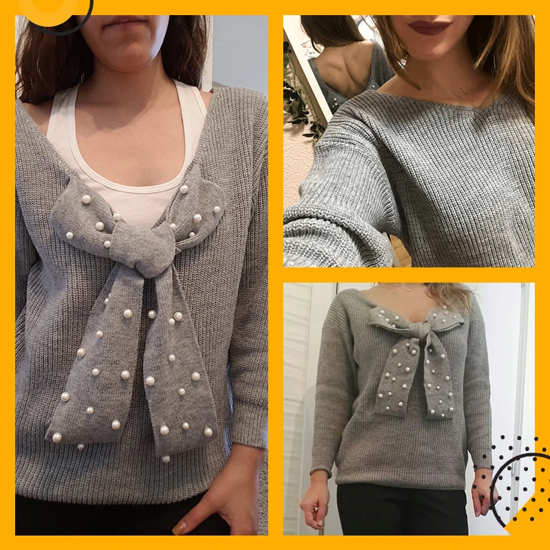 Dotfashion серый жемчужный вышитый бисером свитер с бантом спереди для женщин, Повседневная осенняя одежда, свитера, мода, женские пуловеры, джемпер