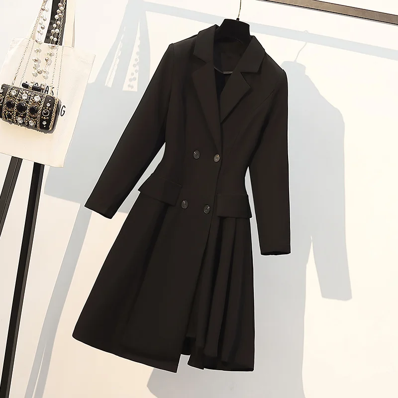 

Black Pleated Dress Large Size for Fashion Ladies Solid High Waist Elegant Work Business Office Wear Short Dresses 2021 Autumn