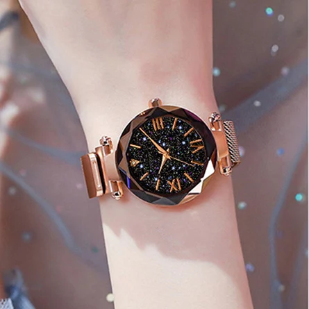 

Women Starry Sky Watches Black Magnetic Mesh Band Stainless Steel Quartz Wristwatch Ladies Female Roman Number ladies watch