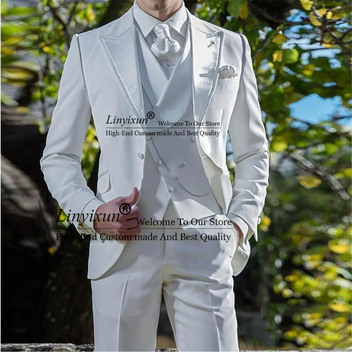 

Классический белый мужской костюм для свадьбы, облегающий смокинг для жениха с пиковым отворотом, модный мужской жилет из 3 предметов, одежда для брюк