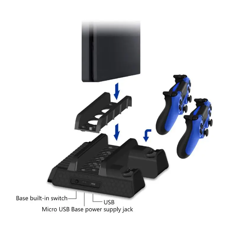 

2021 New For PS4/PS4 Slim/PS4 Pro Vertical Stand with 4 Cooling Fan Dual Charging Station