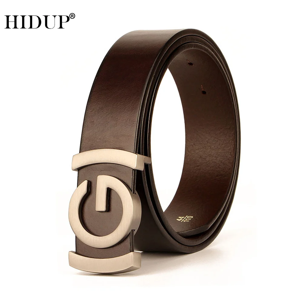 

HIDUP Famous Brand Name Top Quality Cowhide Leather Strap Belt G Slide Buckle Metal Belts for Men 3.4cm Width Accessories NWJ876