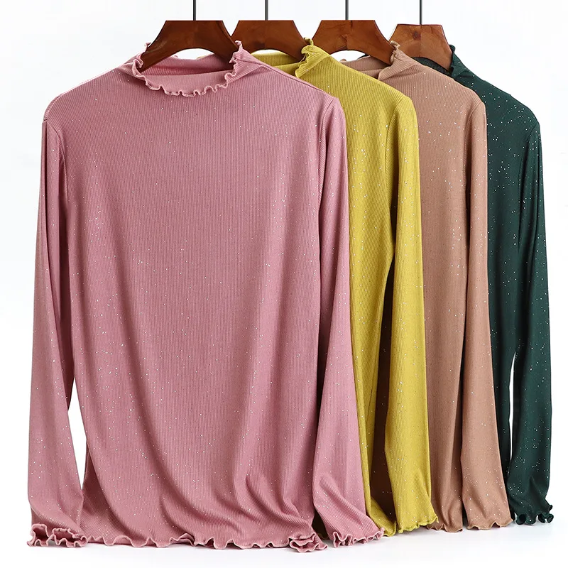 Женская футболка с длинным рукавом и цветочным воротником|Футболки| |