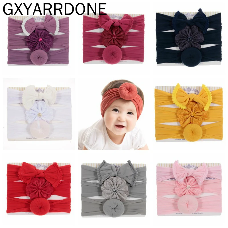 

3pcs/lot 2019 Baby Girl Headbands Flower Bows Flower Donut Newborn Hair Accessories Baby Headband Soft Nylon Elastic Haarband