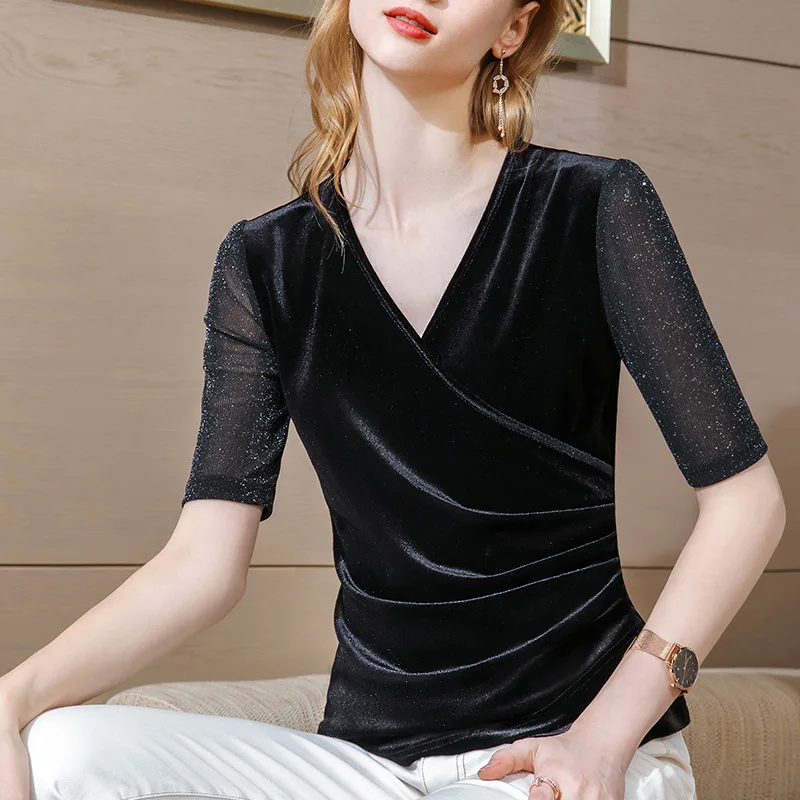 

Блузка женская с V-образным вырезом, пикантная черная сетчатая рубашка с коротким рукавом, Офисная яркая шелковая сорочка в Корейском стиле,...