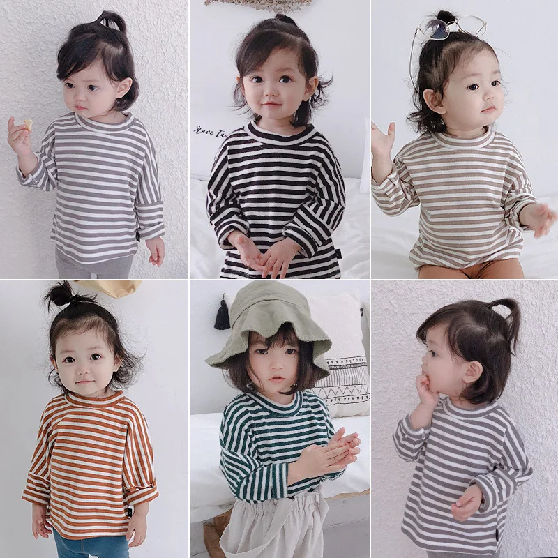 Коллекция 2019 года весенне осенние полосатые футболки из чистого хлопка с