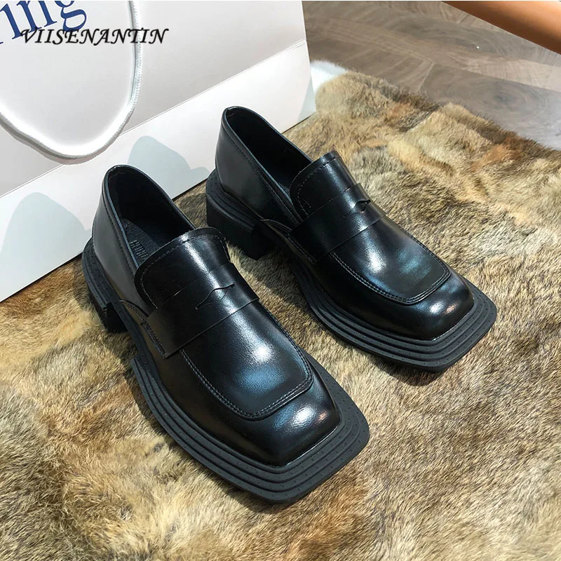 

2021 Spring and Autumn New College Style Black Retro Derby Shoes Square Toe Thick Heel Increased genuine Leather Loafers