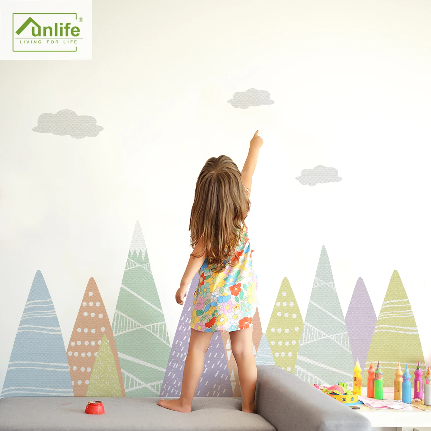 Cartoon Colored Decorated Mountain Wall Stickers for Kids Room Living Room Nursery Home Decor Self-adhesive Fabric Mural Decals
