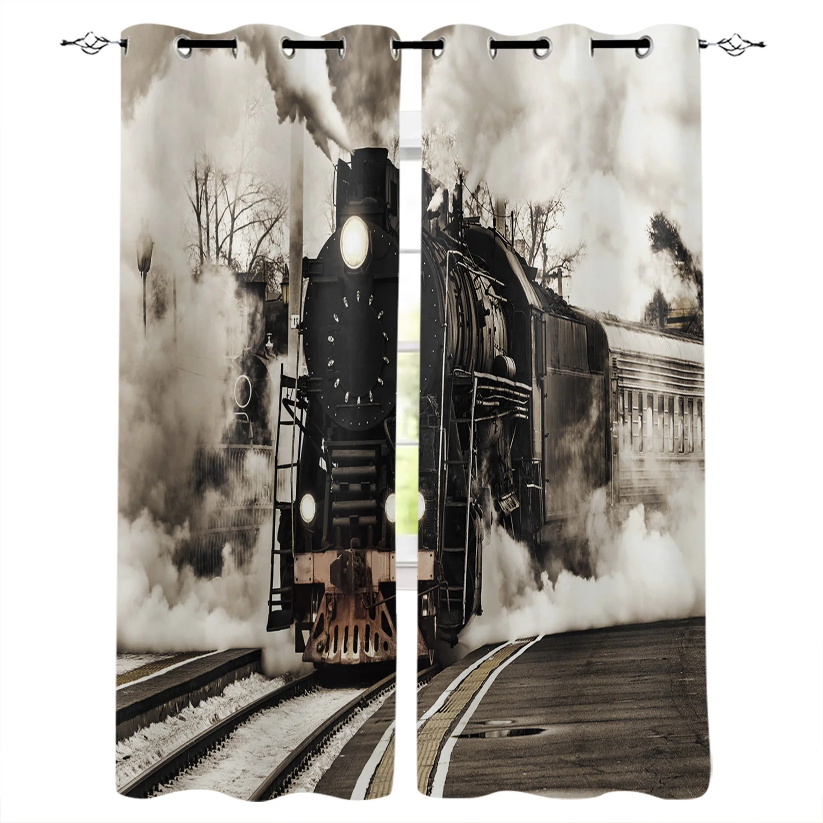 

Retro Steam Train Curtains For Living Room Bedroom Window Treatment Blinds Finished Drapes Kitchen Curtains