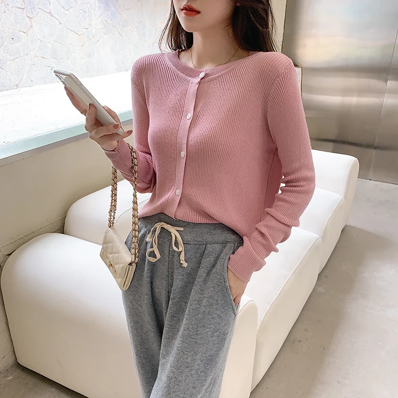 

Женская трикотажная рубашка с длинным рукавом, зеленая, синяя, черная Однотонная рубашка с круглым вырезом в Корейском стиле для офиса, осен...