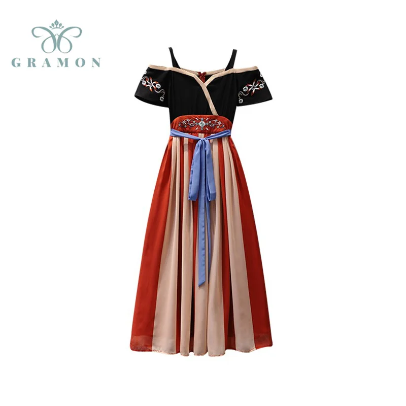 

Dress Women Chinese Styles Embroidery Patchwork Dance Dress 2021 Summer Off Shoulder Suspender Robe Dresses Female Plus Size