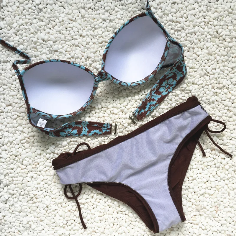 Бикини с завязками и разрезом коричневое винтажное принтом 2020 | Женская одежда