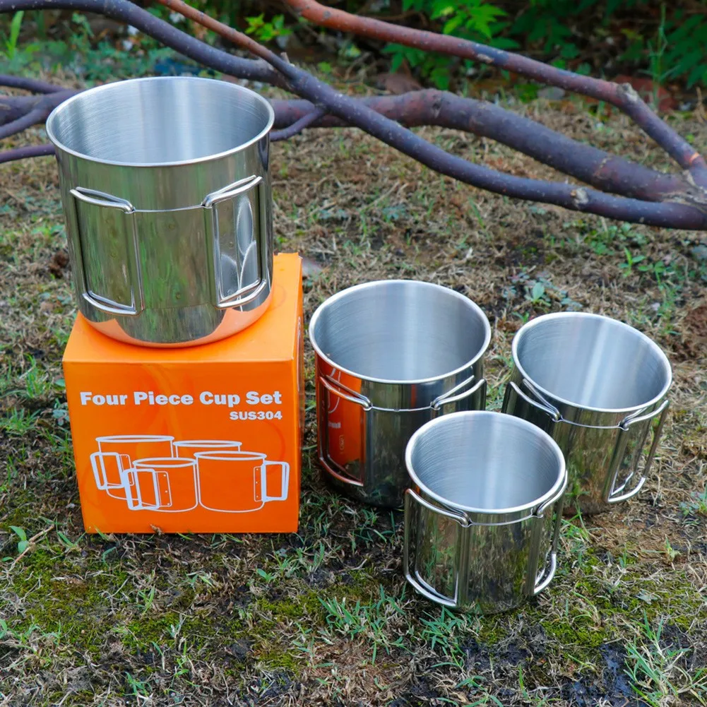 

4pcs Silver Stainless Steel Water Cup Foldable Stackable/Easy To Carry For Outdoor Camping Hiking Picnic Round Mouth Water Cup