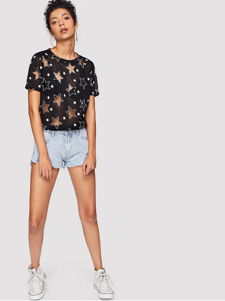 Летняя женская Свободная Повседневная футболка Сексуальная с вырезами в стиле