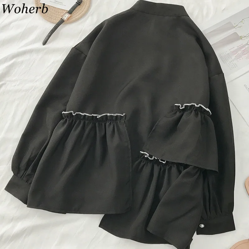 Woherb/женские блузки, топы, Повседневная рубашка с длинным рукавом, нерегулярные лоскутные рубашки с оборками, черные офисные Блузы с воротником-стойкой