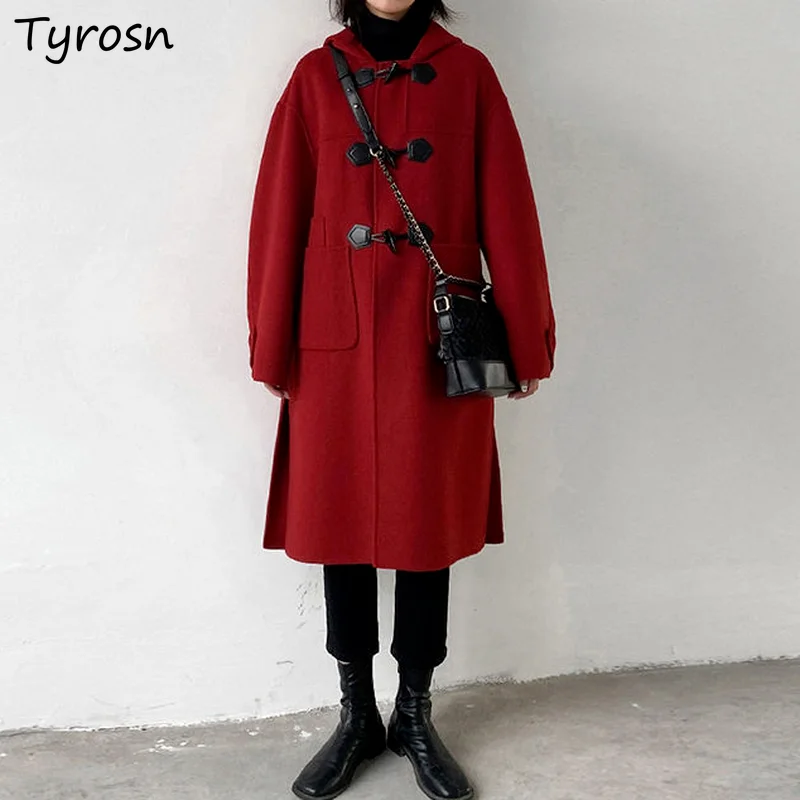 

Women Wool Blends Coat Horn Button Hepburn Fashion Preppy Style Thickening Hooded Woolen Outwear New All-match Side-slit Ulzzang