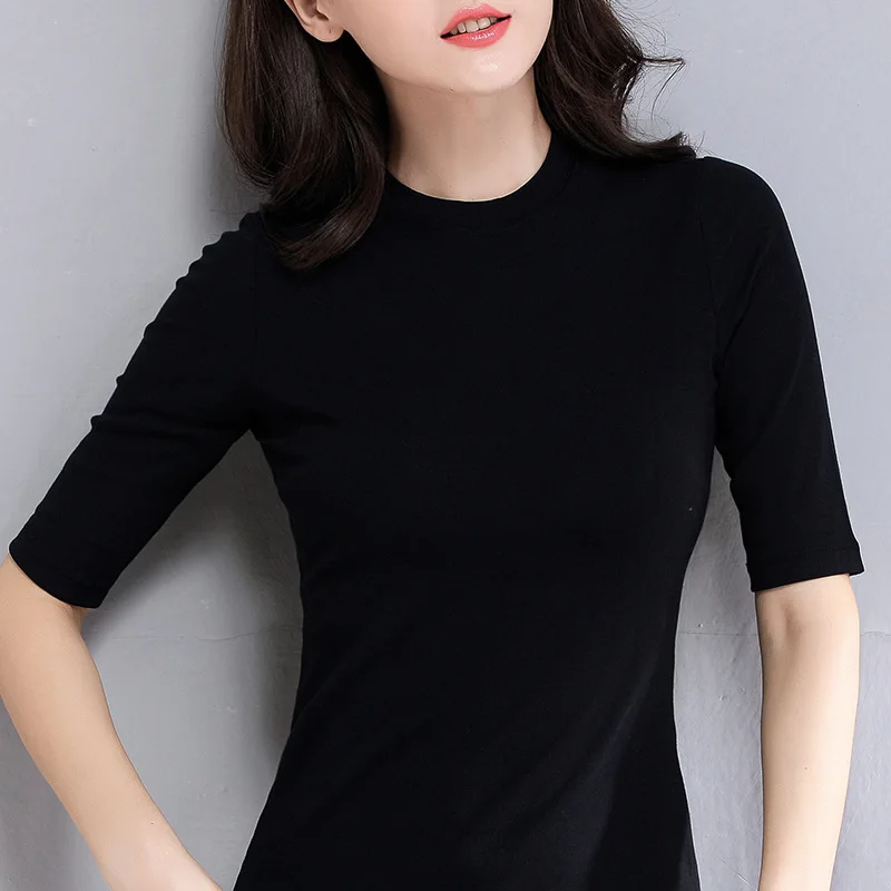 

Basis Leven Women Cotton T-shirt Half Sleeve Turtleneck Solid color Office Lady Top All Match Women Basic T-shirt