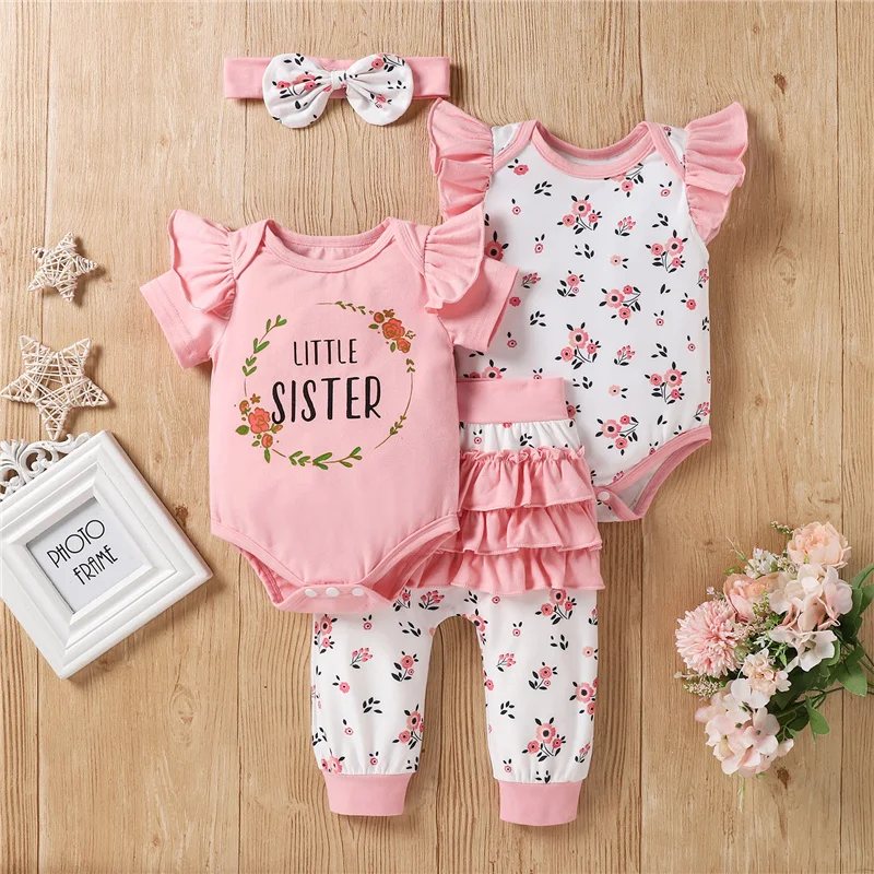 Fly Sleeve O-Neck Rompers+Ruffle Pants+Bowknot Headband 0-2Year 4Pcs Newborn Baby Girls Color Block Cotton Clothes Sets Floral