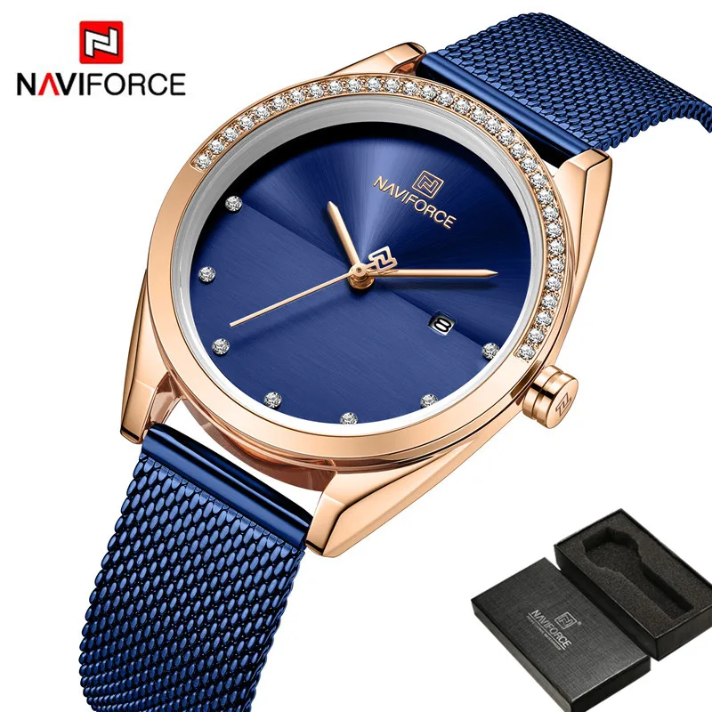 NAVIFORCE женские часы Топ бренд класса люкс синие наручные сетка браслет из