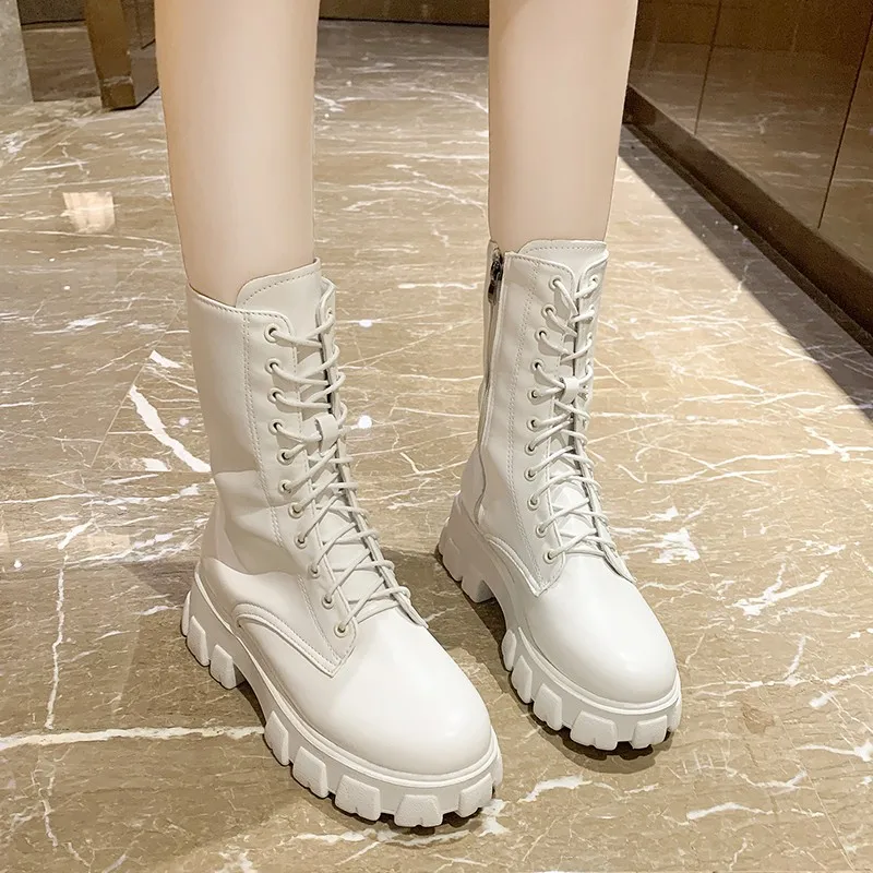 

2021 New Mid Calf Boots Women Autumn Winter Fashion Lace-up Zipper Botas Mujer Boots Sports Platform Heel Ladies Shoes