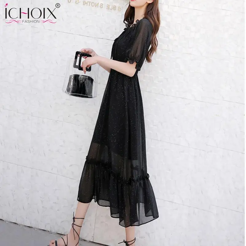 

ICHOIX Elegant Flare Sleeve Women Short Dresses Spring 2020 Ruffle Patchwork Lace-up Chiffon Dress Party Ladies Black Dress