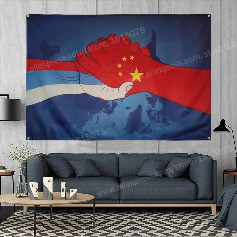Friendship Flag Banner Polyester 96cm* 144cm Hang On The Wall 4 Grommets Custom Indoor China Russia Shake Hands | Дом и сад