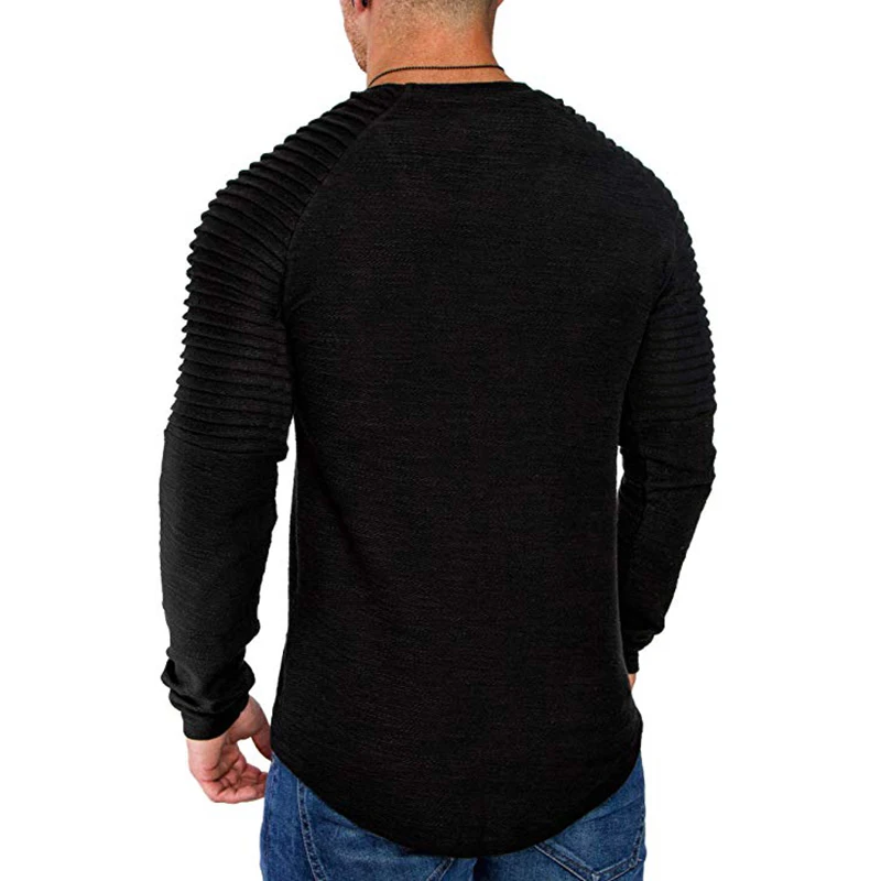 

2020New Fashion Men's Round Neck Slim Solid Color Long-sleeved T-shirt Striped Fold Raglan SleeveT shirt Men Tops Tees