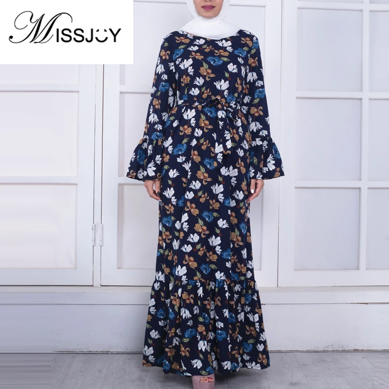 

MISSJOY New Moroccan kaftan Abaya Vestido terciopelo Chaplet islamique Muslim Women Long Sleeve Print Middle East Ruffle dress