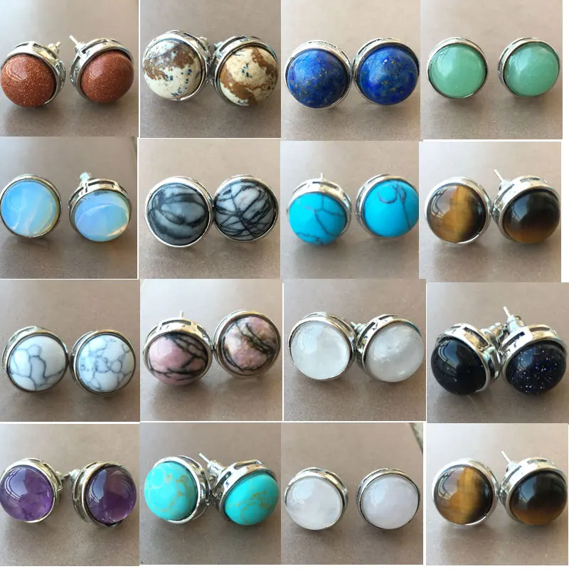 

Crystal Aventurine Tiger Eye Lapis Lazuli Opal Rhodorite Goldstone Blue Sand Howlite Round Art Women Men Stud Earrings WB850