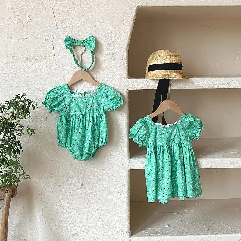 

2021 Summer Baby Sister Matching Outfits Children Girls Floral Prind Green Dress Newborn Baby Rompers Kids Short Sleeve Outfits