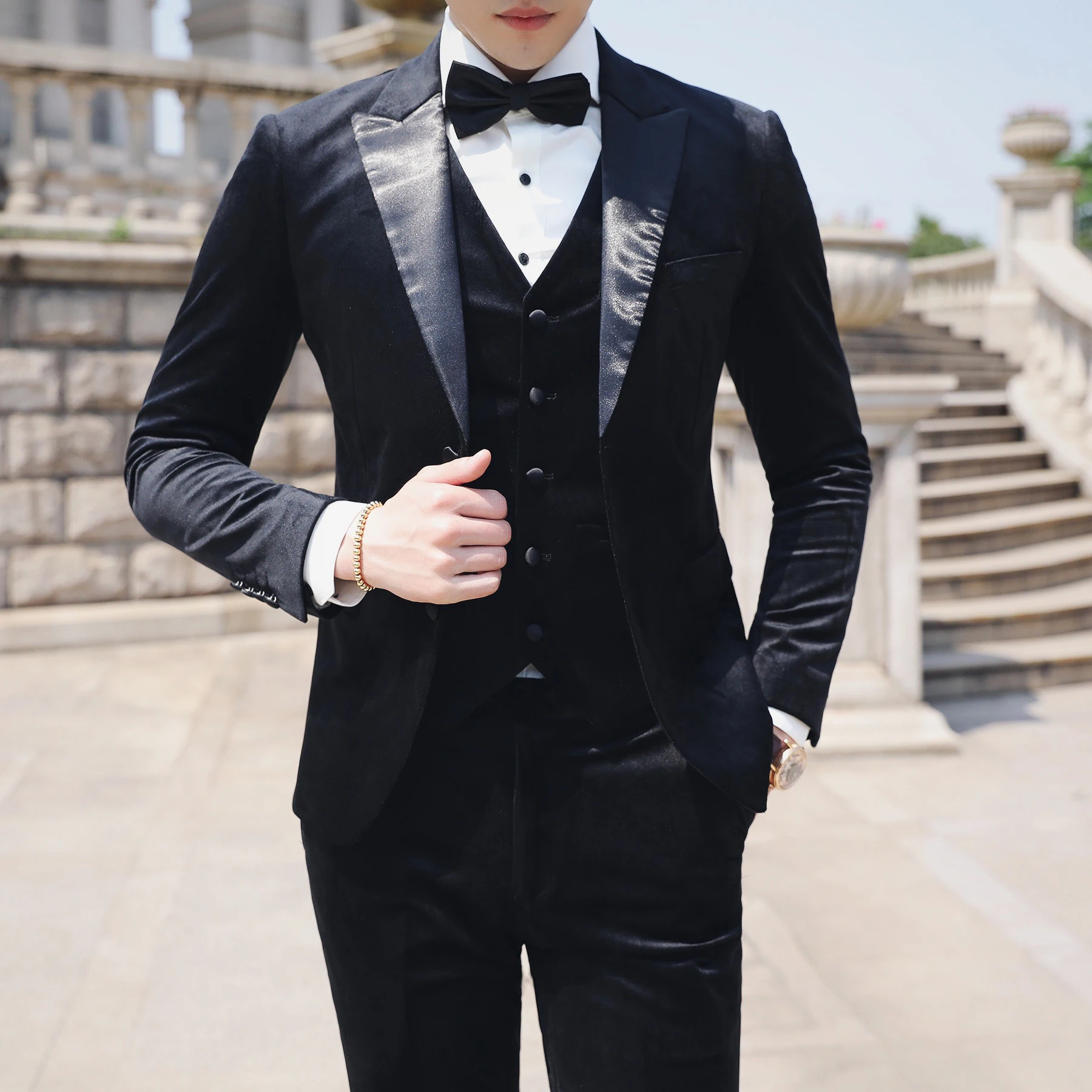 (Куртка + жилет брюки) 2019 высококачественные бархатные блейзеры Мужские костюмы