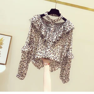 Женская весенне-осенняя рубашка Корейская сетчатая строченная блузка с V-образным вырезом и оборками новая шифоновая женская блузка с цветочным принтом топы LL911