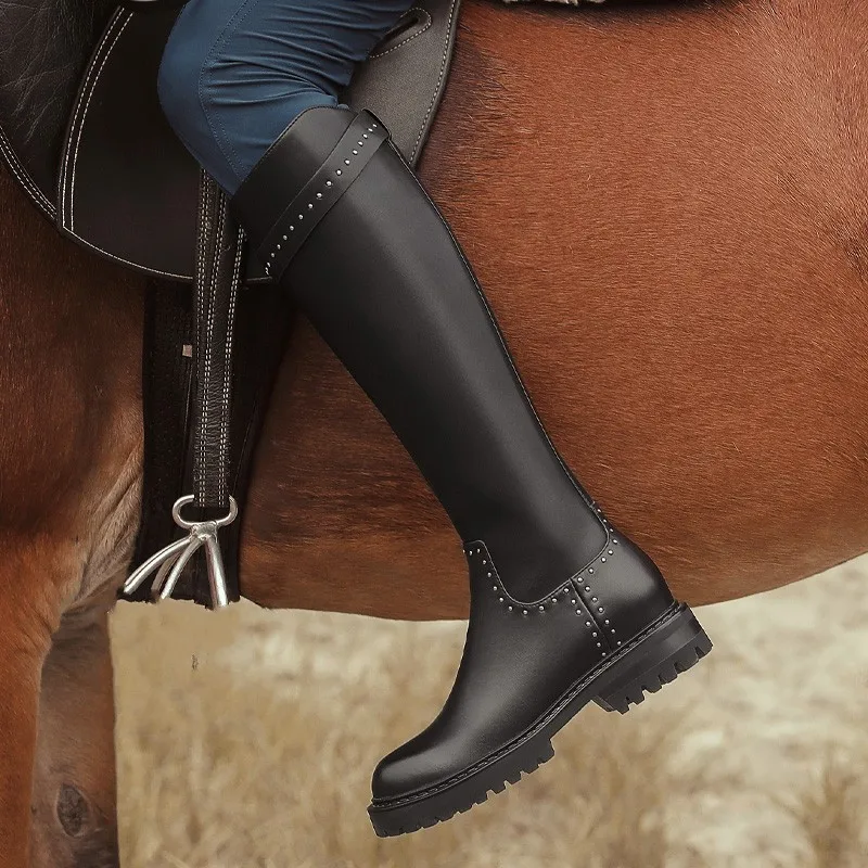

High Quality Genuine Leather Knee High Vintage Womens Boots Zippers Round Toe Rivet Vintage Cowhide Fashion Warm Outdoor Boots