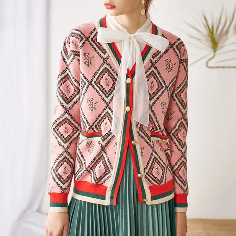 Женский жаккардовый кардиган в стиле ретро с ромбами вязаное пальто-свитер