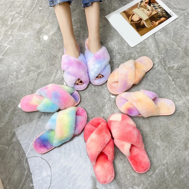 

Тапочки меховые женские, шлепанцы из искусственного меха, с рисунком тай-дай, плоские сандалии женские, 2020, шлепанцы для дома помещений