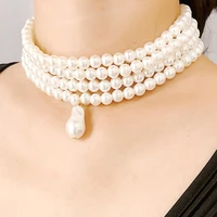 trendy simulated pearl choker necklaces dangle women elegant baroque beaded multi layered necklace jewelry accessories