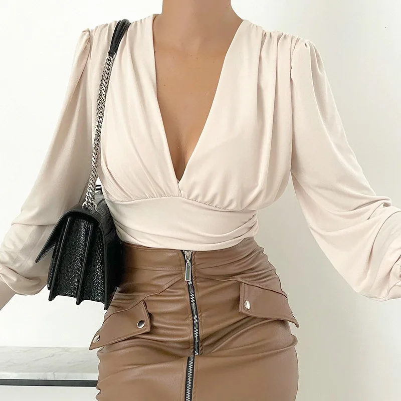 

Ladies Sexy Deep V-neck Button Slim Lantern Sleeve Solid Color Pleated Top Ladies Fashion Casual Sexy Party Elegant Pullover Top