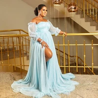 plus size women wear prom dresses side split sexy dot tulle a line evening party formal banquet gowns with detachable sleeves