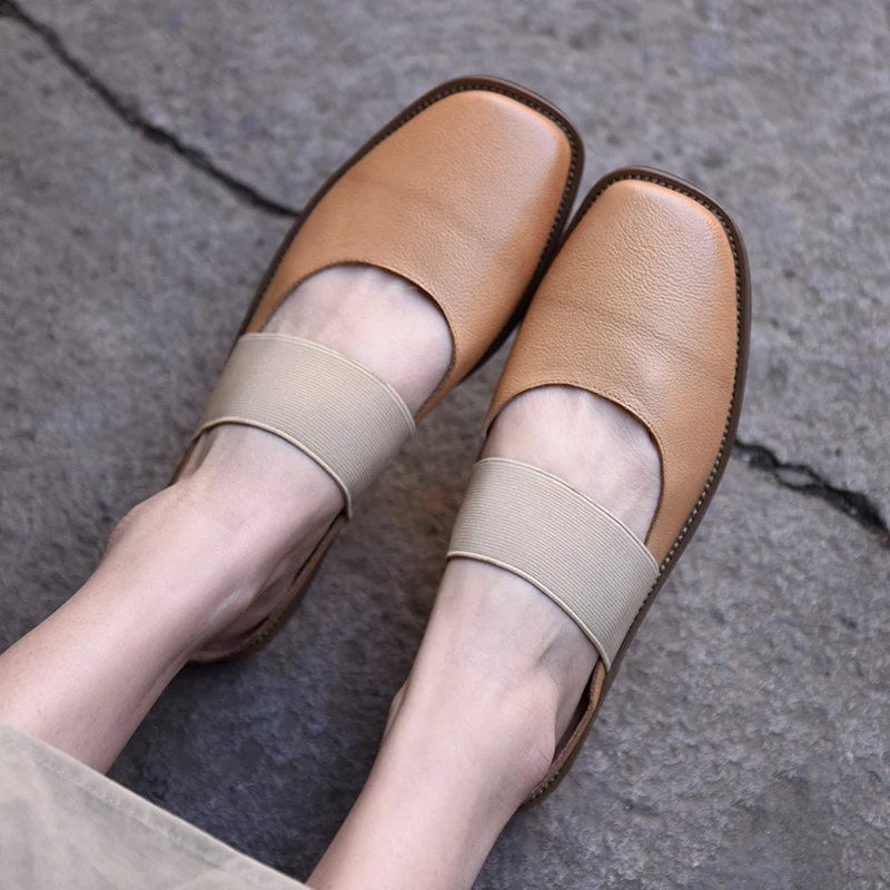 

Оригинальные ретро-тапочки Artmu в японском стиле с квадратным носком и плоской подошвой из натуральной кожи, женские уличные шлепанцы A- line с ...