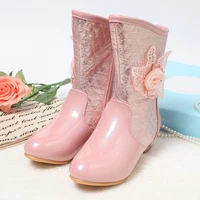 autumn and winter childrens boots for little girls high heeled flowers shiny princess shoes sweet and cute mid tube dance boots