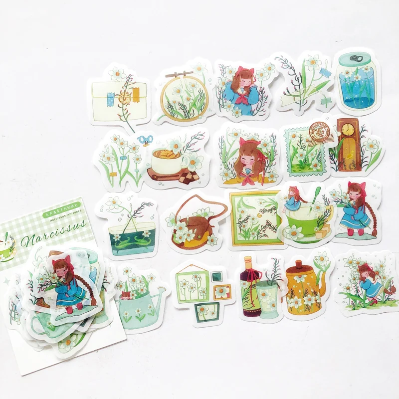 

1 Pack ( 40 pieces ) Green Narcissus Girls Hand Account diy Decorative Sticker