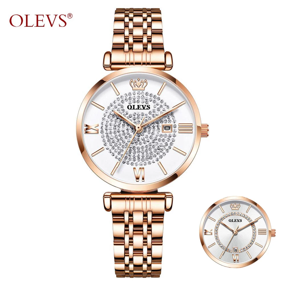 OLEVS Hot Sale Women Stainless Steel Full Diamond Wrist Watches Casual Luxury Ladies Waterproof Quartz Watch Clock Ladies Watch