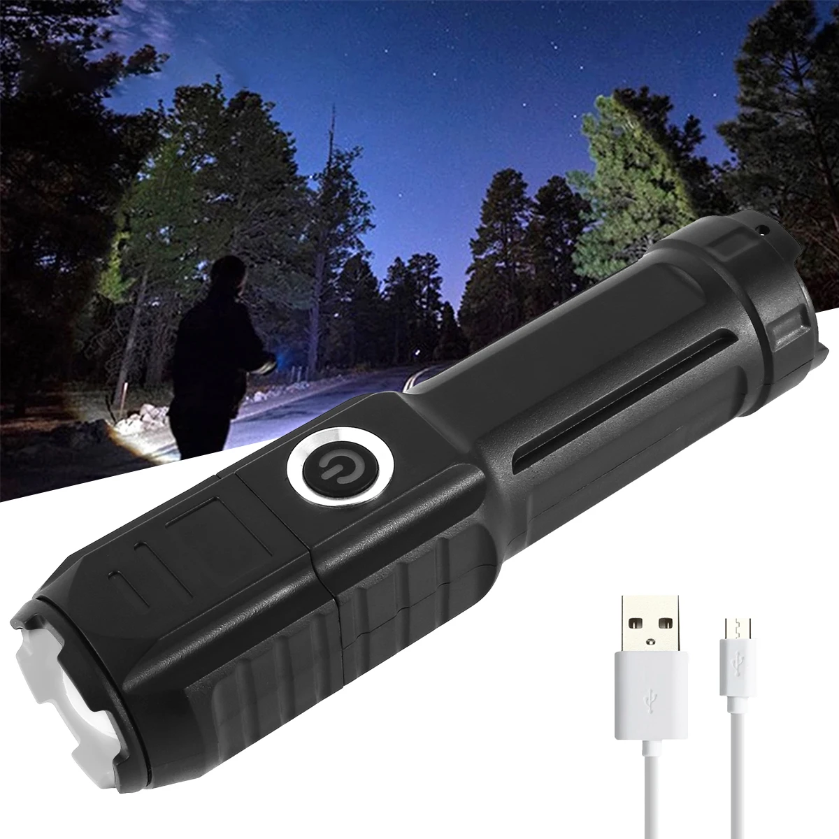 

Power Torch Waterproof USB Rechargeable LED Mini Zoomable LED Tactical Flashlight 4 Lighting Modes Emergency Searchlight Home