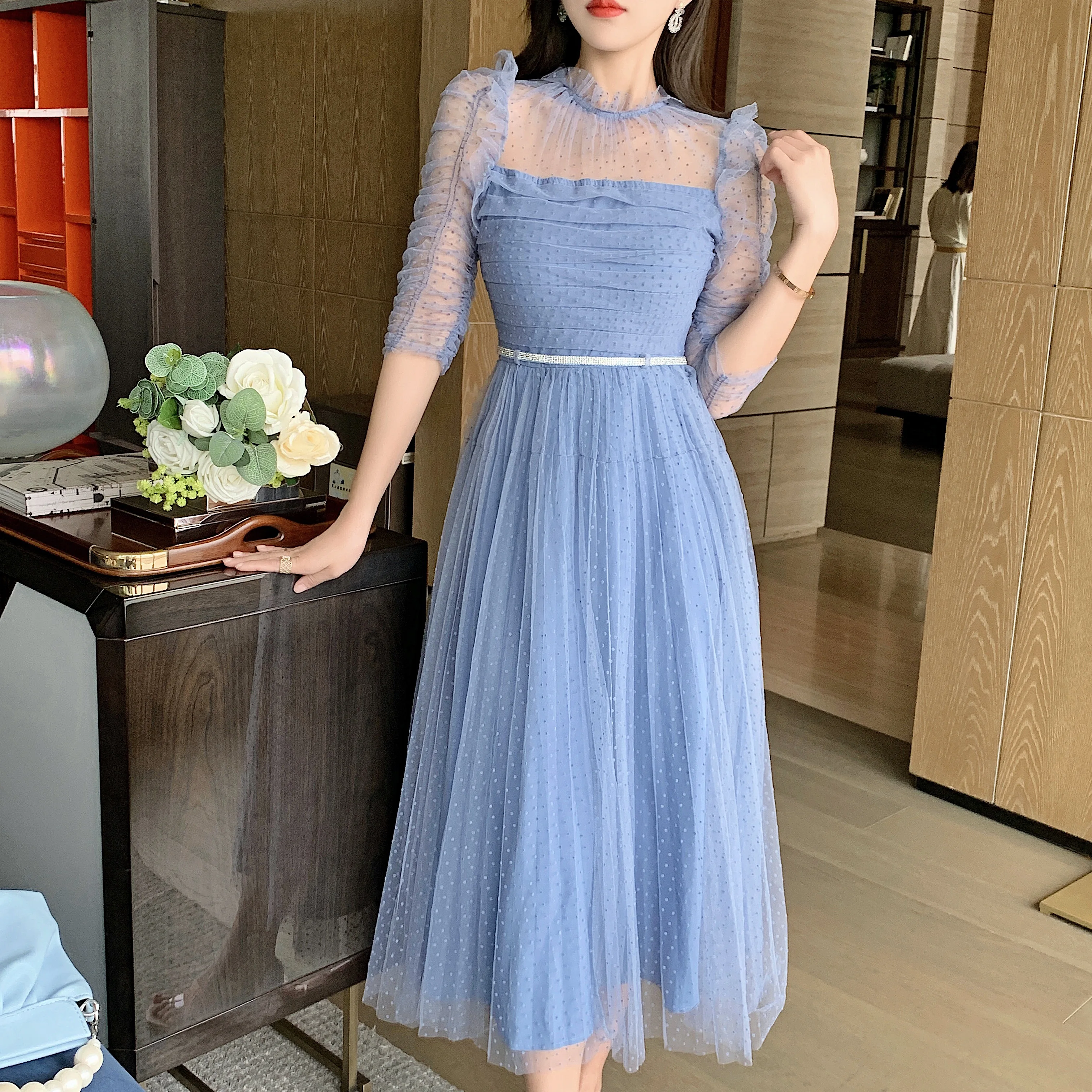 

New Spring Summer Fashion Designer Blue Mesh Patchwork Dresses Women Short Sleeve Elegant Drapde A Line Party Vestidos
