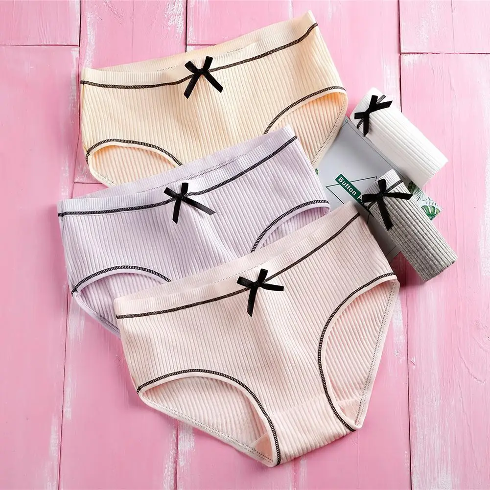 

Sweet Girls Solid Color Bowknot Low Waist Ribbed Panties Cotton Briefs Underwear