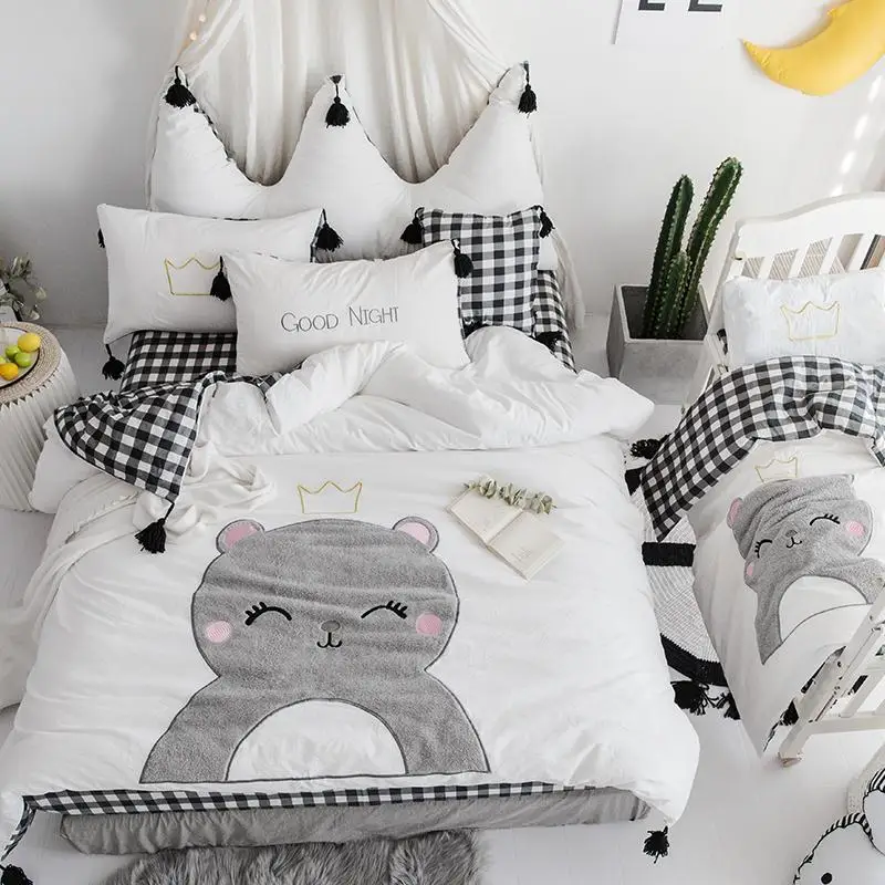 

42 White Blue Cartoon Cute bedding sets 100%cotton queen king size girls kids bedding set soft bed/fit sheet duvet cover set