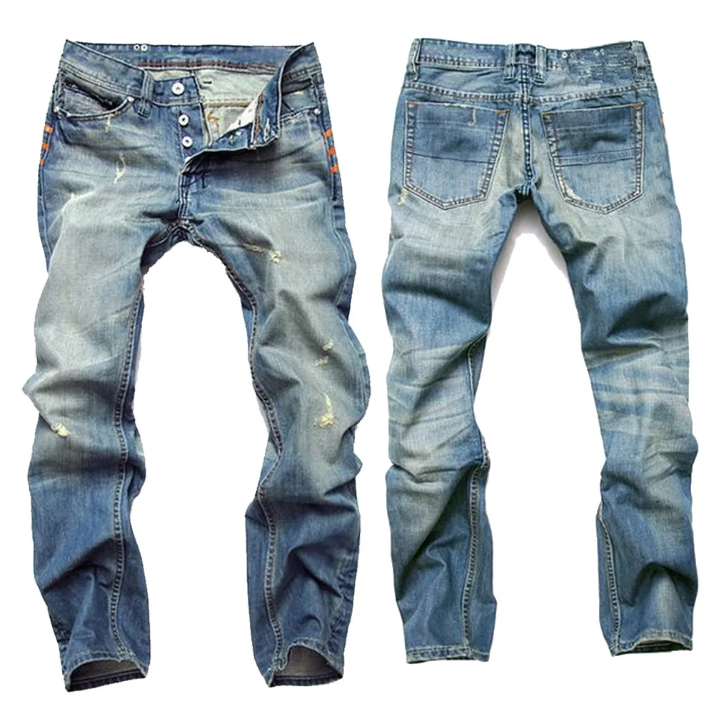 

Fashion Men's Light Blue Distressed Washed Denim Jeans Vintage Straight Slim Fit Hommes Cowboys Trousers Button Male Jean Pants